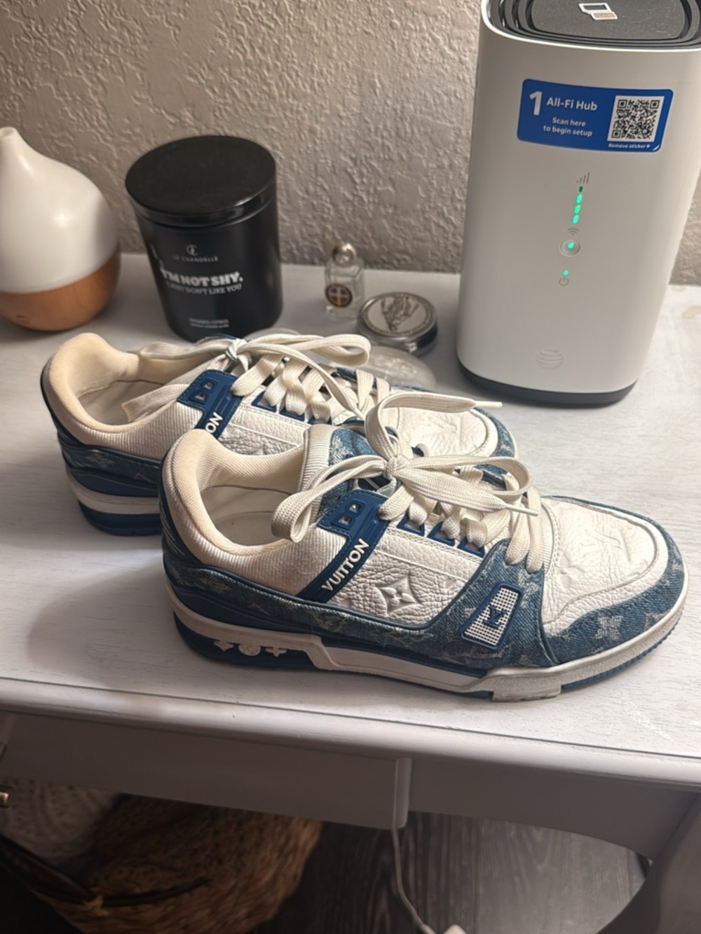 Louis Vuitton White & Blue Monogram Low-Top Sneakers